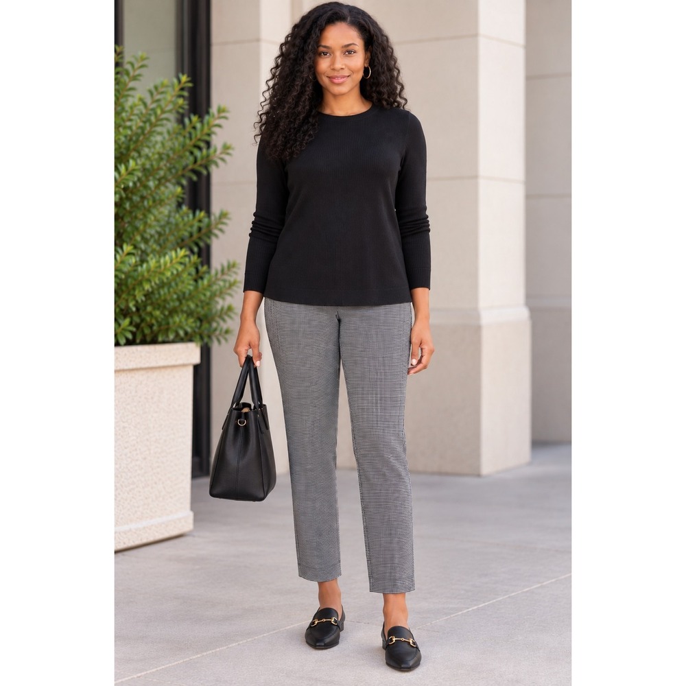 J.Jill Women's Ponte Slim Leg Pants Black Gray Plaid Pull On Stretch Large